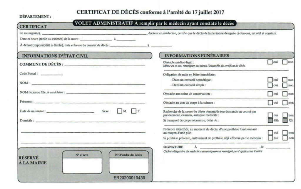 Exemple d'un certificat de décès